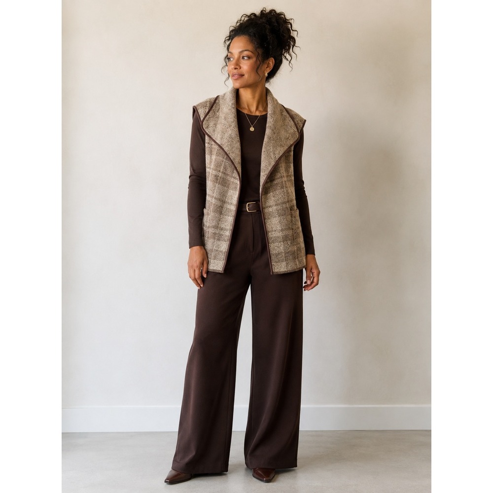Yaira Taupe Plaid Draped Collar Chic Sweater Vest Open Front Pockets Size M NWT